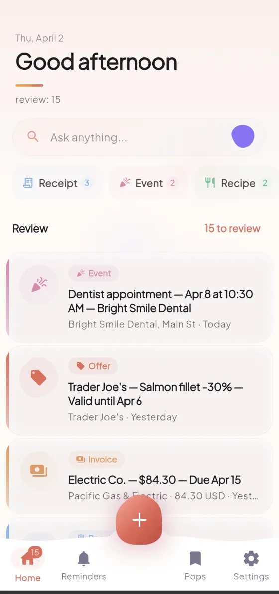 Popit app home screen showing organized receipts, events, and invoices