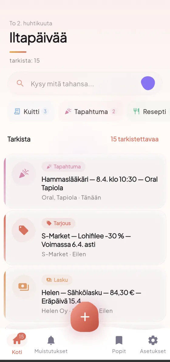 Popit app home screen showing organized receipts, events, and invoices