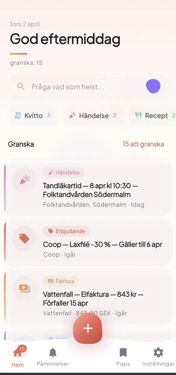 Popit app home screen showing organized receipts, events, and invoices