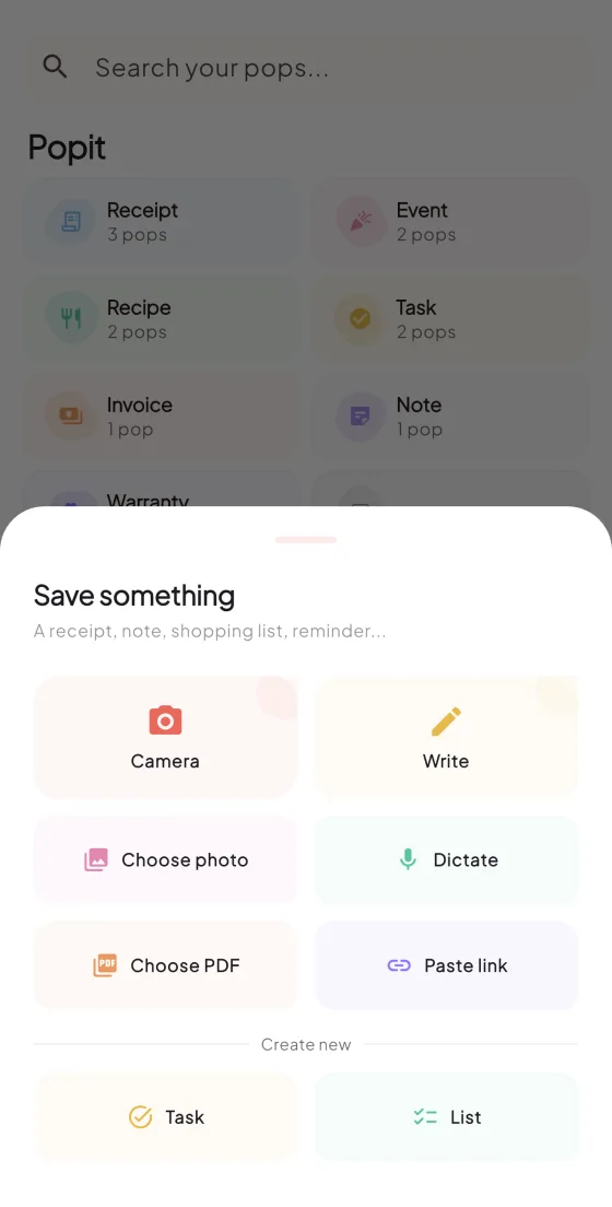 Popit capture sheet showing all input methods
