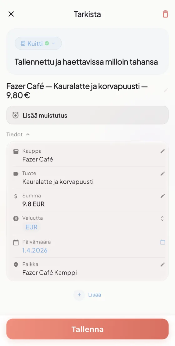Popit item detail view with extracted information