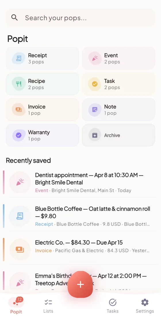 Popit app home screen showing organized receipts, events, and invoices