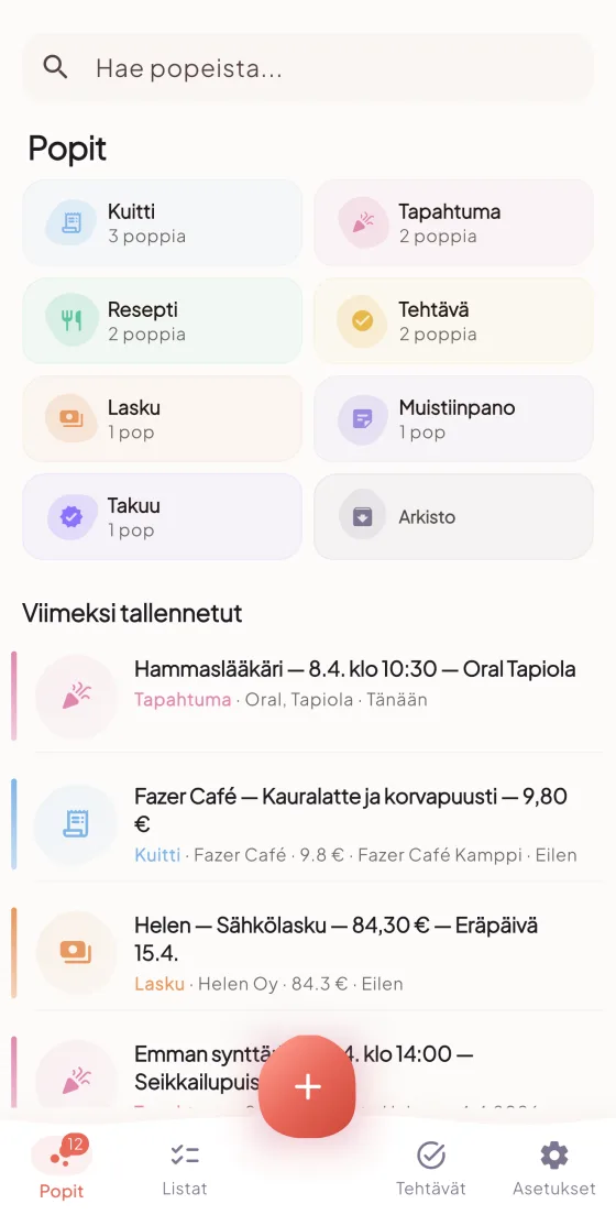 Popit app home screen showing organized receipts, events, and invoices