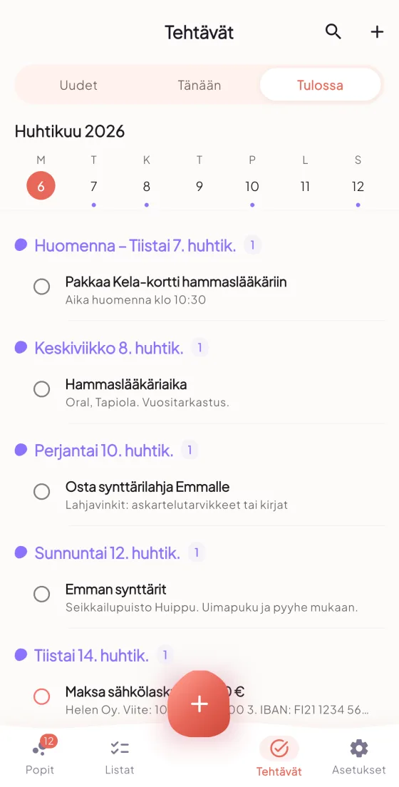 Popit tasks view with reminders and actions